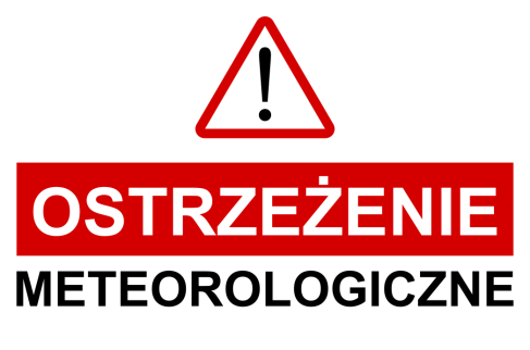 Napis Ostrzeżenie meteorologiczne z czerwonym trójkątem z wykrzyknikiem