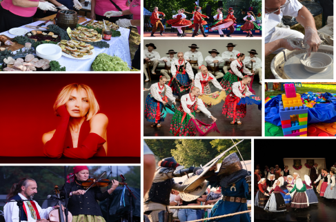 Kolaż przedstawiający tradycje i kulturę regionalną: występy zespołów ludowych, muzykę, rzemiosło, rekonstrukcję historyczną, tradycyjne potrawy oraz zabawę klockami.