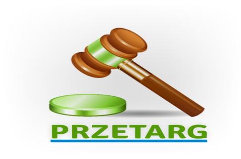 Ilustracja przedstawiająca drewniany młotek aukcyjny z zielonymi elementami nad zieloną podstawką. Poniżej znajduje się napis „PRZETARG” zapisany dużymi zielonymi literami i podkreślony niebieską linią.