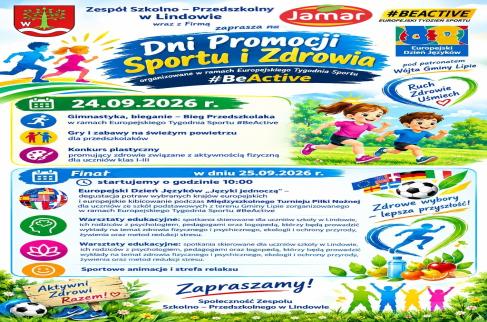 Plakat zaprasza na Dni Promocji Sportu i Zdrowia w Lindowie (24–25.09.2026). W programie m.in. sport, zabawy, warsztaty, konkurs oraz Europejski Dzień Języków