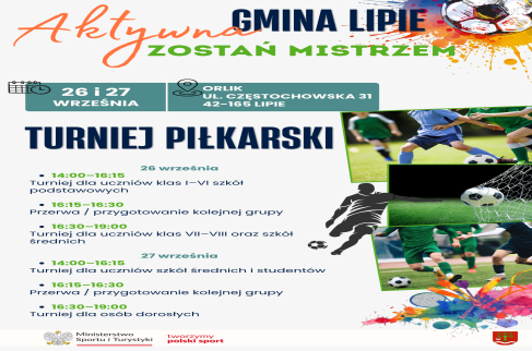 Plakat turnieju piłkarskiego w Lipiu, 26–27 września, z harmonogramem rozgrywek dla dzieci, młodzieży i dorosłych.